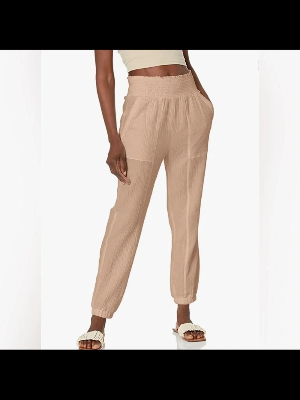 BB Dakota Steve Madden Smocked Waist Jogger Pants Beige Small
